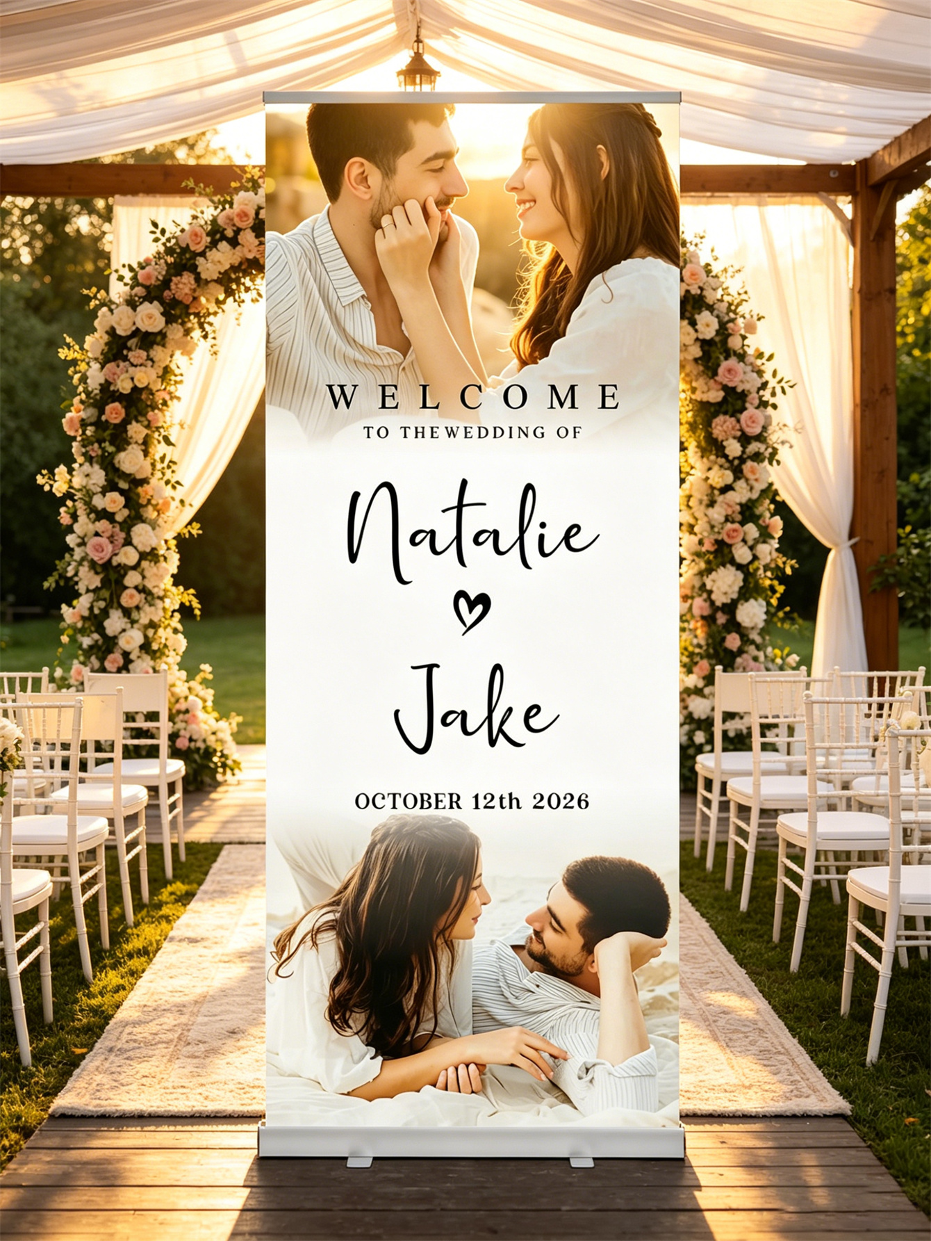 Customized wedding retractable banners - personalized photo wedding welcome signs, reception decorations and background curtains